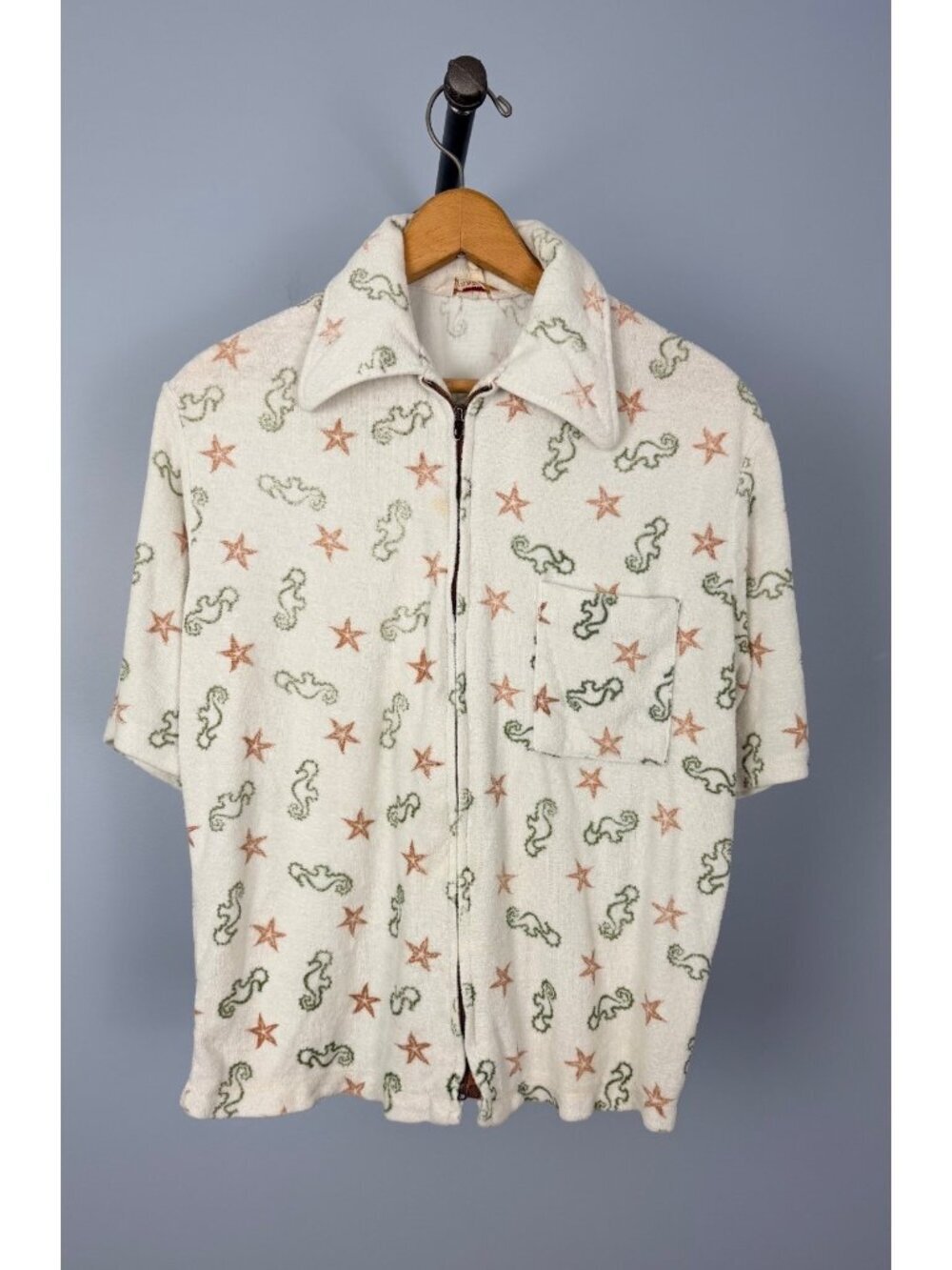Vintage Jantzen Terry Cloth Cabana Zip-Up Shirt M Seahorse Starfish Print